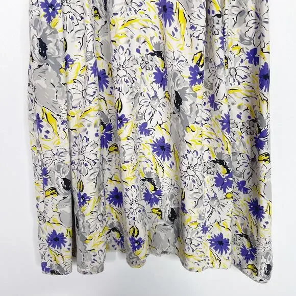 Parker Small S Gray Purple Yellow Silk Floral Dress Sweetheart Neckline Zip Back - Picture 4 of 12